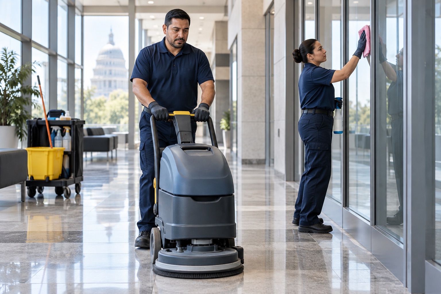 Illustration of a professional crew cleaning an office corridor