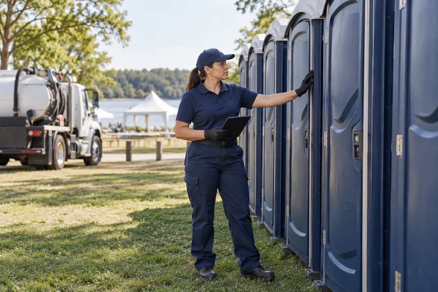 Illustration of a sanitation professional inspecting portable restroom units