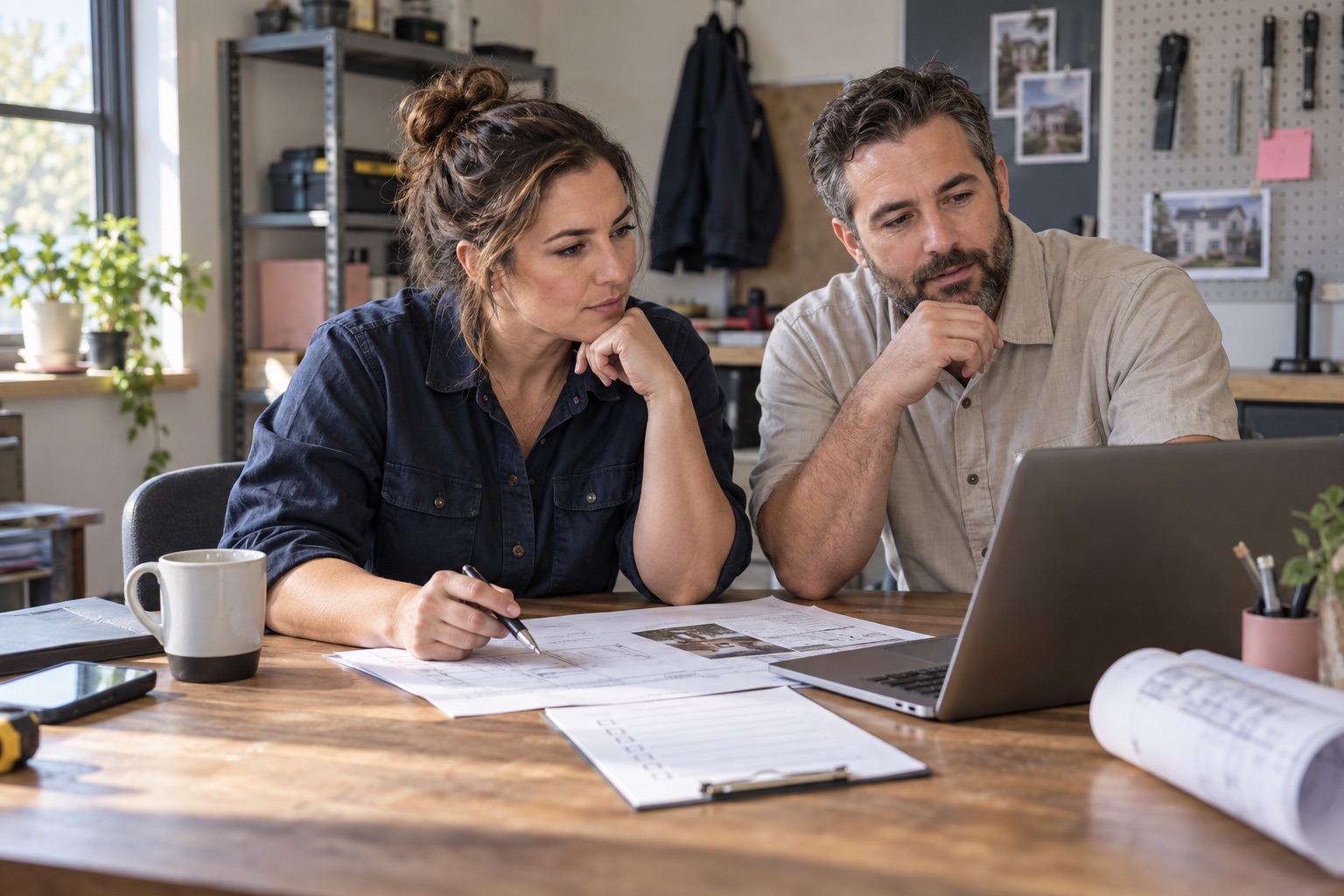 Illustration of a business owner and estimator reviewing project plans
