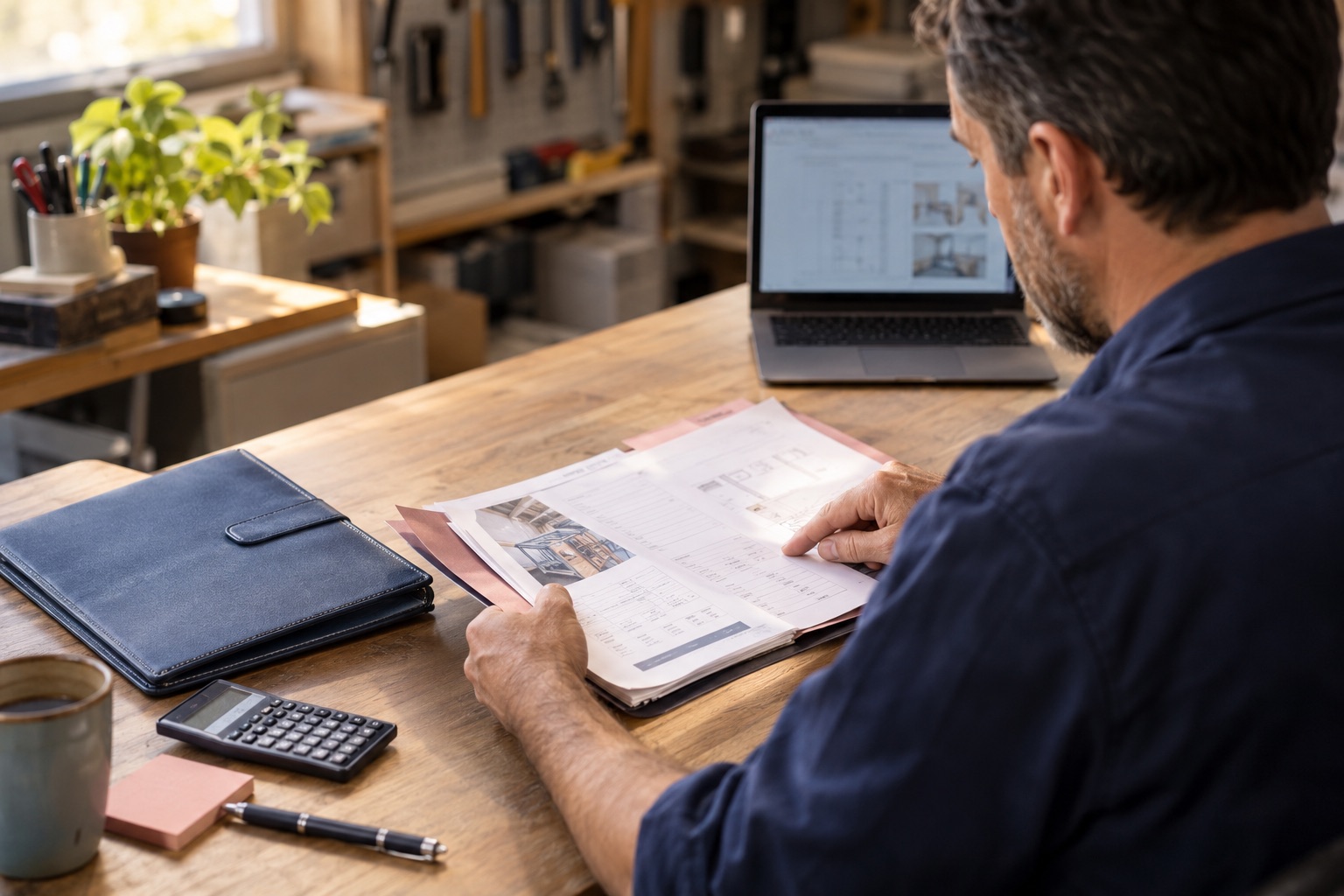Illustration of project papers and a calculator during review